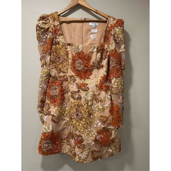 Helsi Women's Gold Sequin Floral Appliqué Kristen Mini Cocktail Dress Large NWOT - Picture 4 of 10